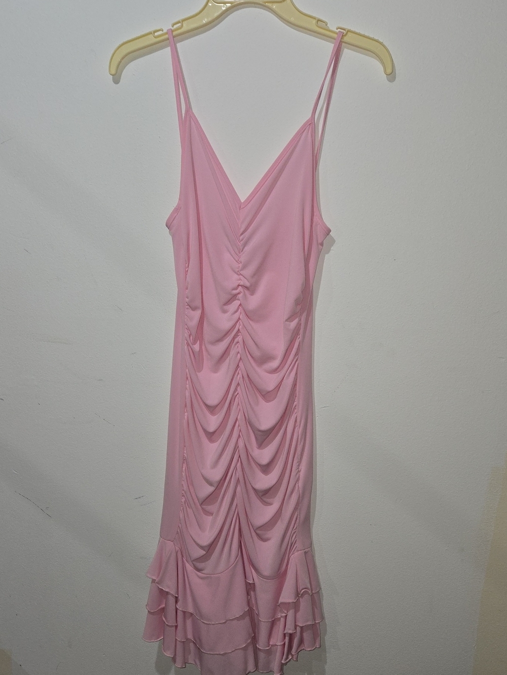 Ruched Pink Midi Slip Dress with Ruffle Hem